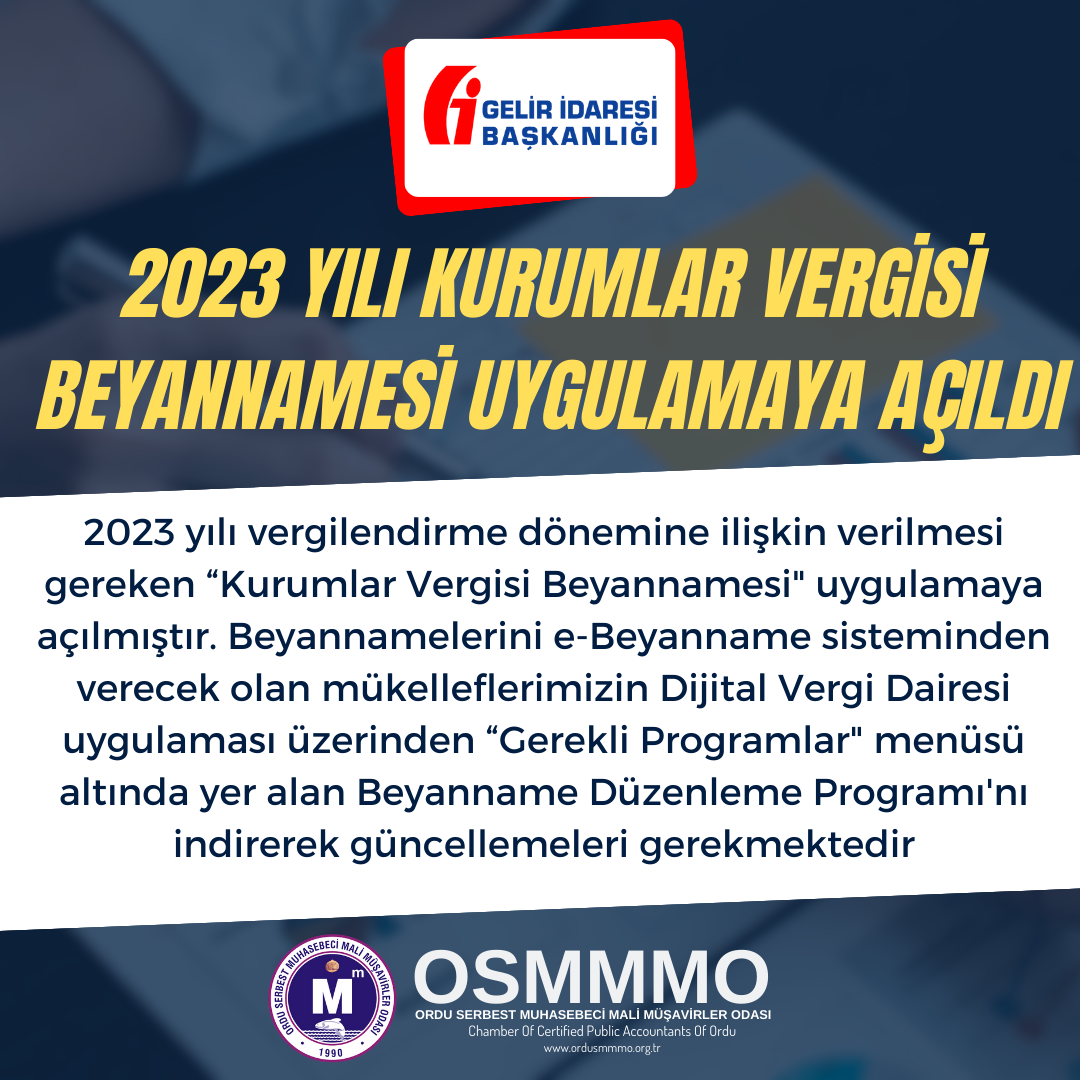 2023 YILI KURUMLAR VERGİSİ BEYANNAMESİ UYGULAMAYA AÇILDI