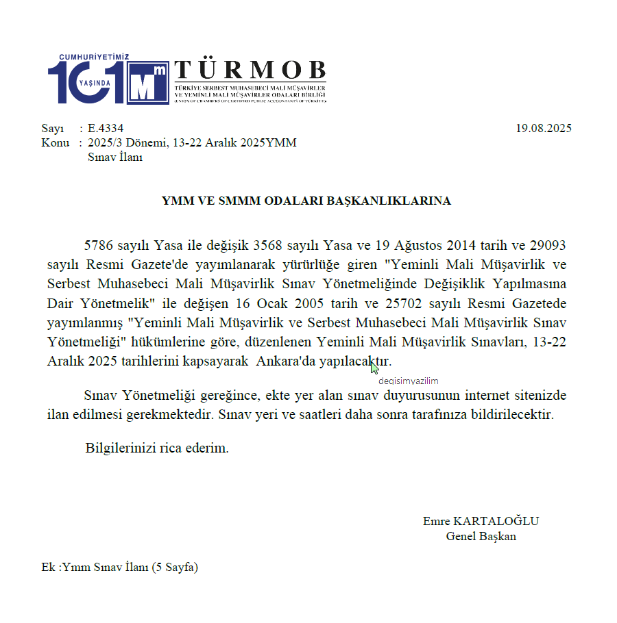 YMM SINAVLARINA İLİŞKİN DUYURU